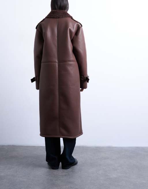 Topshop longline oversized aviator borg coat in chocolate