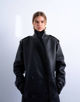 Topshop Longline Oversized Aviator Teddy Coat In Black