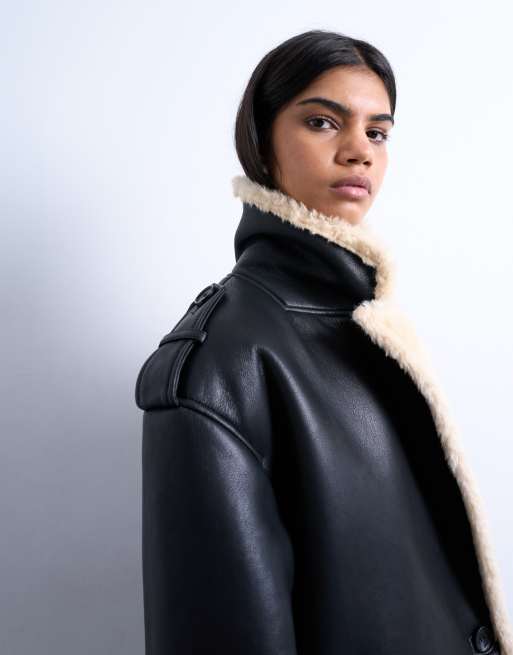 Topshop longline oversized aviator teddy trim coat in black and cream