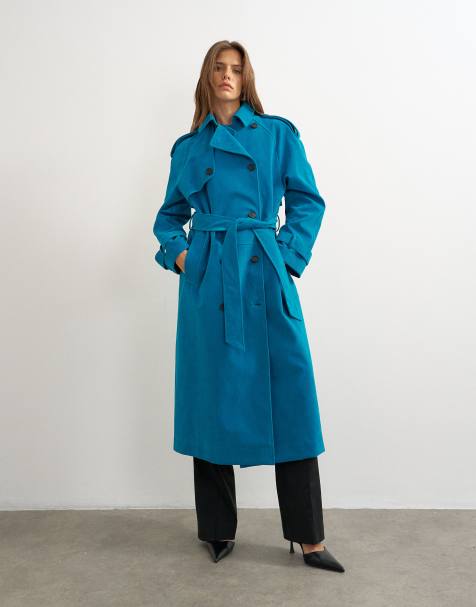 Topshop longline oversized faux suede trench coat in blue - view 1