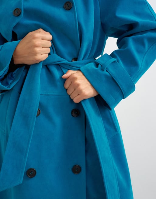 Topshop longline oversized faux suede trench coat in blue, 2 of 4