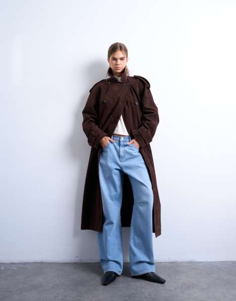 Topshop longline oversized faux suede trench coat in chocolate - view 1