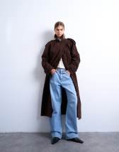 Topshop longline oversized faux suede trench coat in chocolate