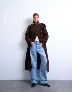 Longline oversized faux suede trench coat in chocolate