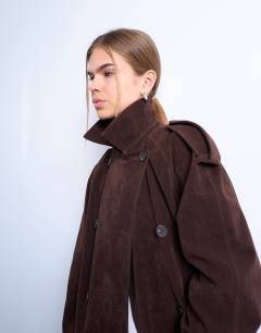 Model wearing Longline oversized faux suede trench coat in chocolate
