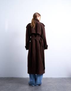 Model wearing Longline oversized faux suede trench coat in chocolate