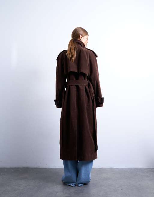 Topshop longline oversized faux suede trench coat in chocolate, 3 of 4