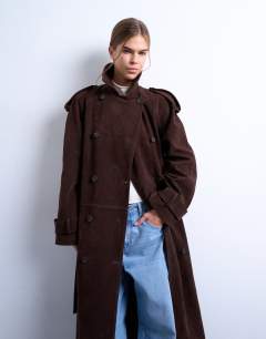 Model wearing Longline oversized faux suede trench coat in chocolate