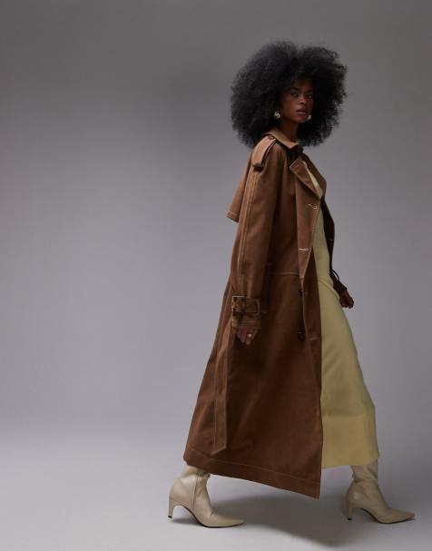 Topshop longline oversized faux suede trench coat in contrast stitch brown - view 1