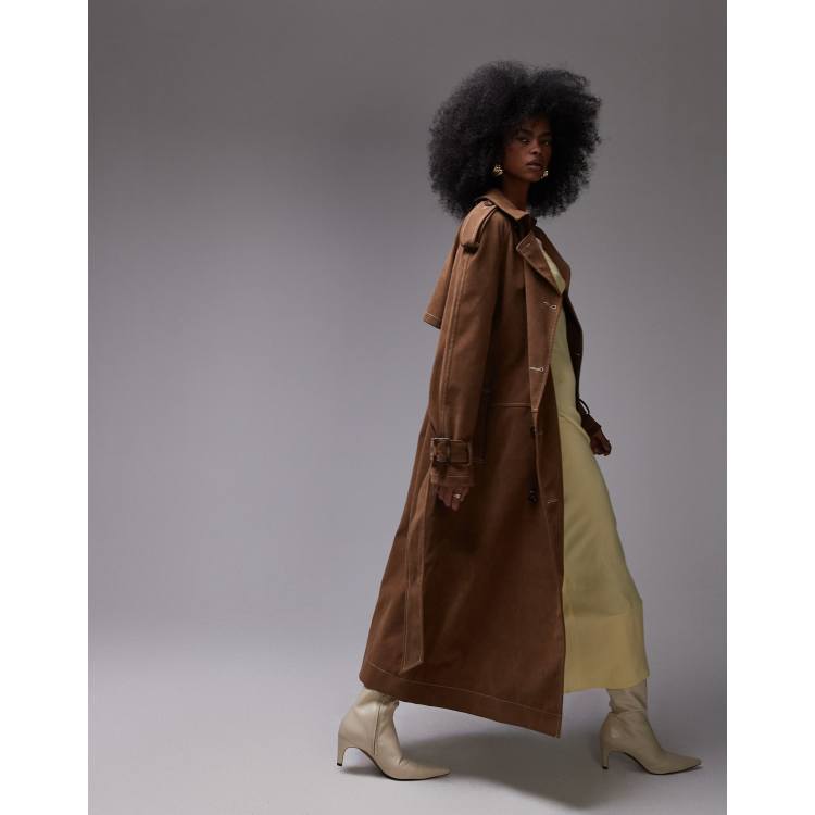 Topshop longline oversized faux suede trench coat in contrast