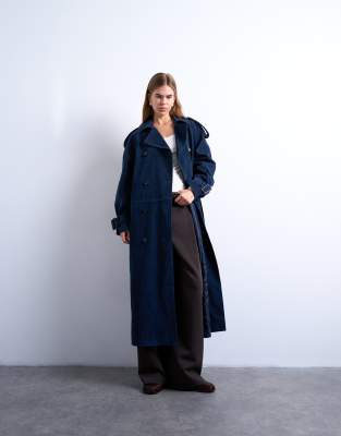 Topshop Longline Oversized Faux Suede Trench Coat In Blue
