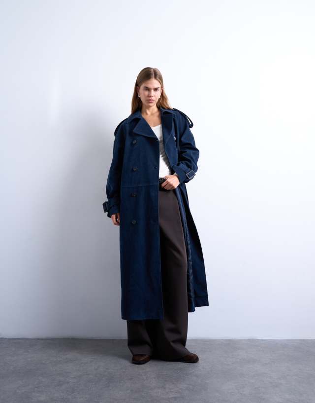 Topshop longline oversized faux suede trench coat in navy | ASOS