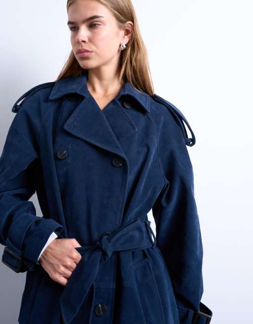 Topshop longline oversized faux suede trench coat in navy