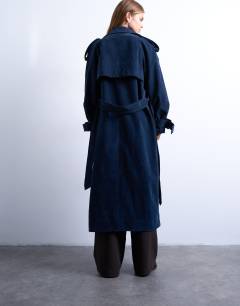 Model wearing Longline oversized faux suede trench coat in navy