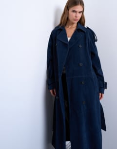 Model wearing Longline oversized faux suede trench coat in navy