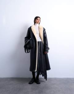 Longline oversized funnel aviator borg coat in black and cream
