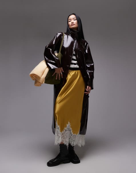 Topshop longline oversized high shine faux leather trench coat in burgundy - view 1