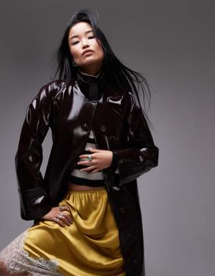Shop Topshop Longline Oversized High Shine Faux Leather Trench Coat In Red