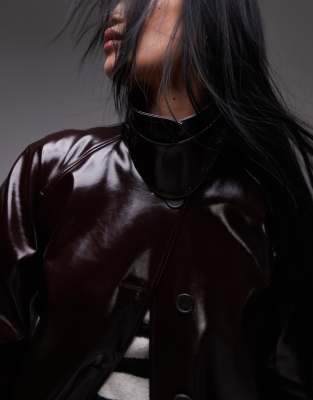 Topshop longline oversized high shine faux leather trench coat in burgundy