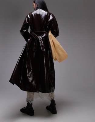 Topshop longline oversized high shine faux leather trench coat in burgundy