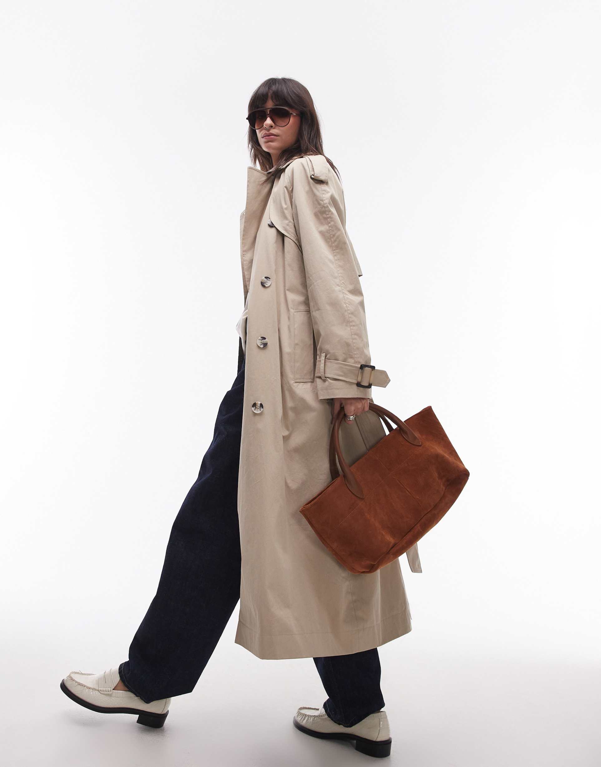 topshop longline oversized trench coat in stone