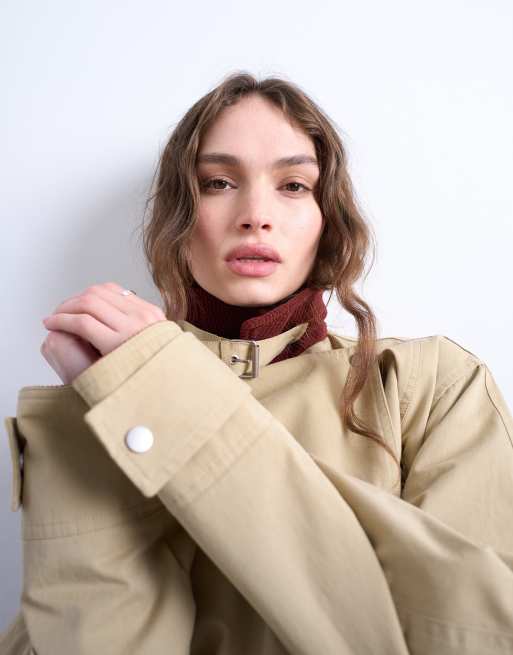 Topshop longline trench coat with contrast collar and buckle detail in beige