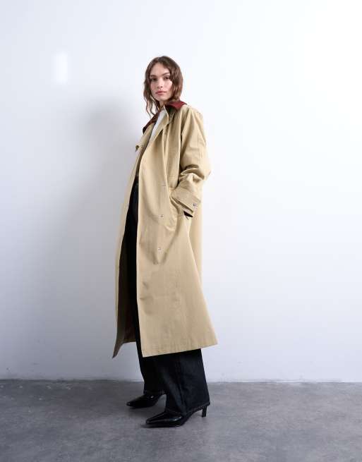 Topshop longline trench coat with contrast collar and buckle detail in beige