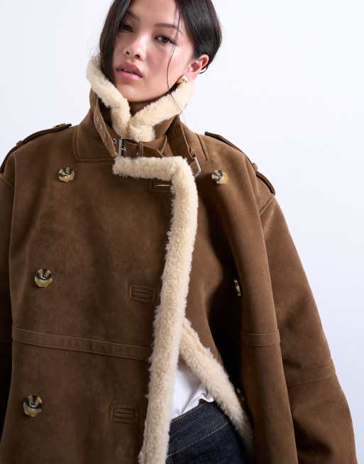 Topshop – Longline-Pilotenjacke Hellbraun mit Shearling in Creme, 2 von 4
