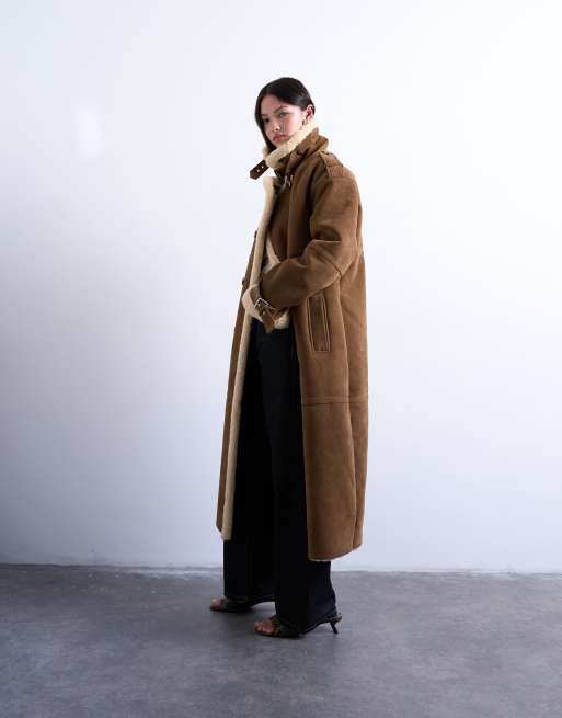 Topshop – Longline-Pilotenjacke Hellbraun mit Shearling in Creme, 3 von 4