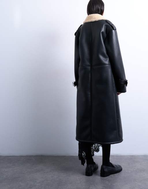 Topshop – Longline-Pilotenmantel in Schwarz und Cremeweiß mit Oversize-Schnitt und Teddyfell, 3 von 4