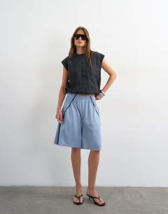 Longline piping detail sports shorts in light blue
