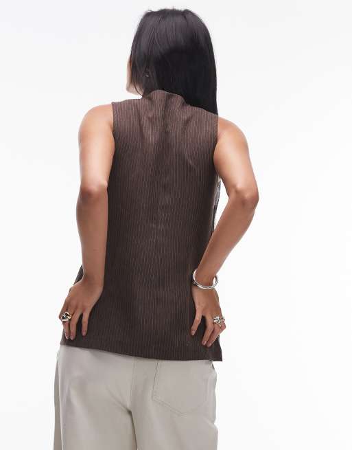 Topshop longline pocket vest in brown chevron