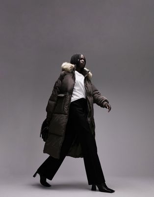 Topshop longline puffer coat in faux fur trim hood in gray - Click1Get2 On Sale