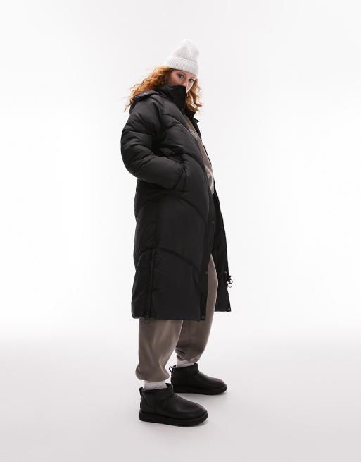 LONGLINE HOODED QUILTED FEATHER AND DOWN COAT - Black