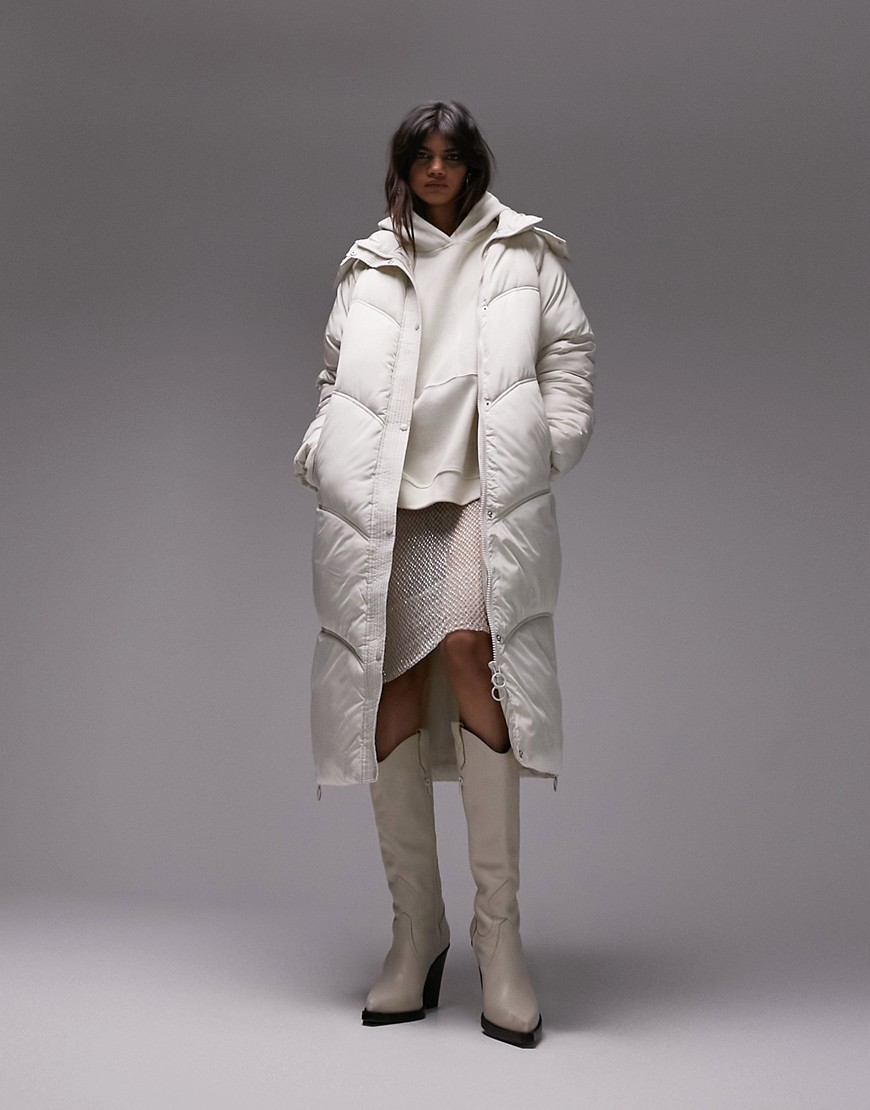 Topshop Longline Puffer Jacket In Off White