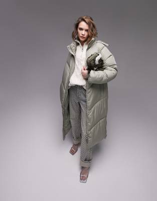 Topshop Longline Puffer Jacket In Sage-green