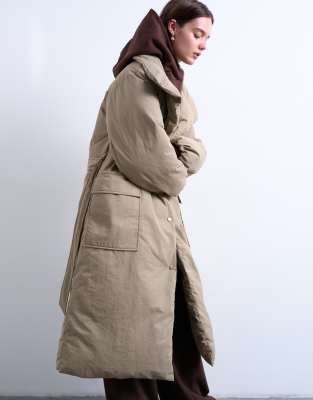 Topshop - Longline-Pufferjacke in Steinbeige mit Stehkragen und Gürtel-Neutral