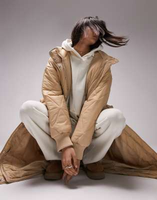 Topshop longline quilted hooded puffer jacket in buttermilk - Click1Get2 Sale