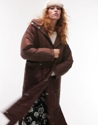 Topshop longline quilted liner coat in chocolate