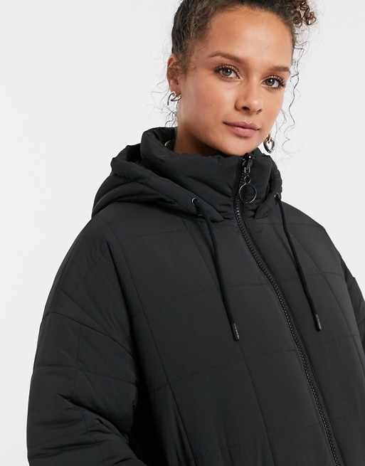 Topshop longline quilted padded jacket in black