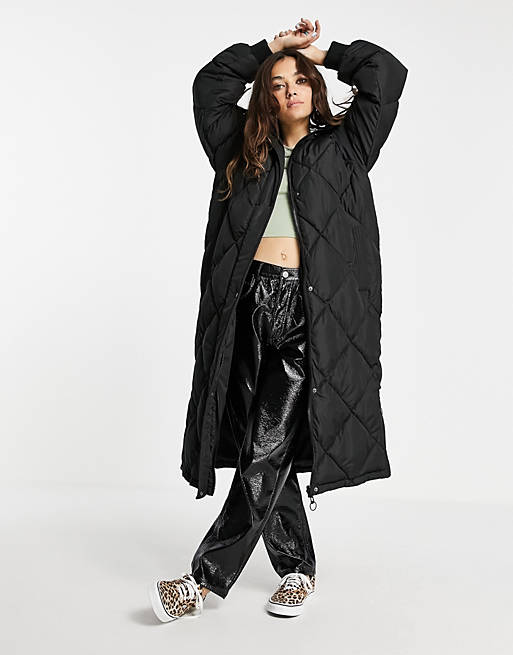 Women Topshop longline reversible puffer jacket with hood in black 
