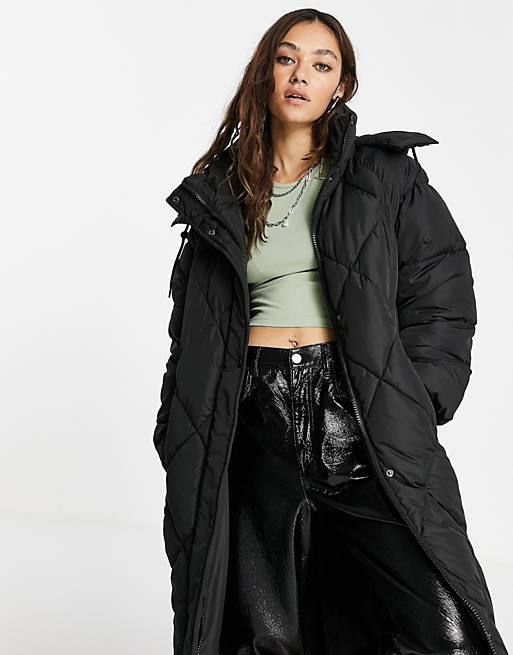Women Topshop longline reversible puffer jacket with hood in black 