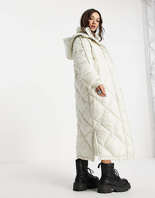 Women Topshop longline reversible puffer jacket with hood in cream 
