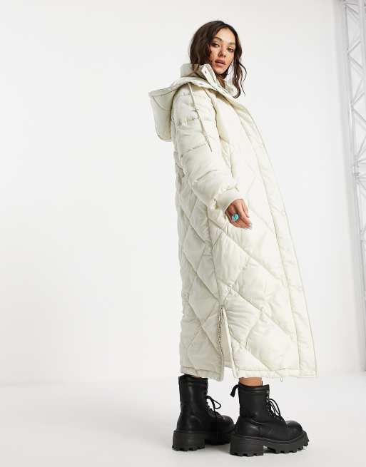 Topshop longline reversible puffer jacket with hood in cream