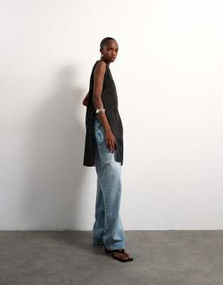 Topshop Longline Sheer Organza Tunic In Burgundy