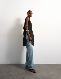 Longline sheer organza tunic in black