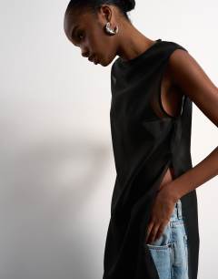 Model wearing Longline sheer organza tunic in black