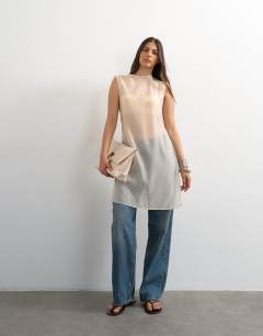 Model wearing Longline sheer organza tunic in oyster