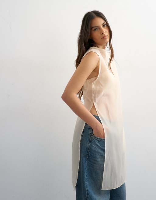 Topshop longline sheer organza tunic in oyster, 3 of 4