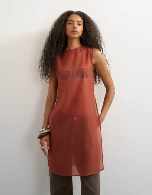 Topshop Longline Sheer Organza Tunic In Red